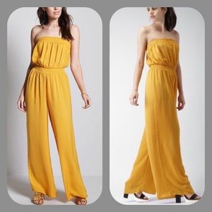 Yellow strapless silk jumpsuit- Forever 21